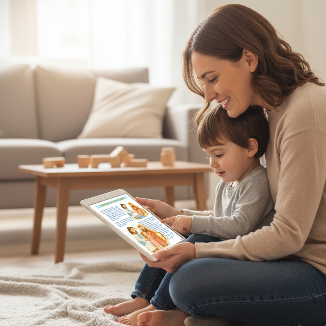 Mamá leyendo el libro con su hijo