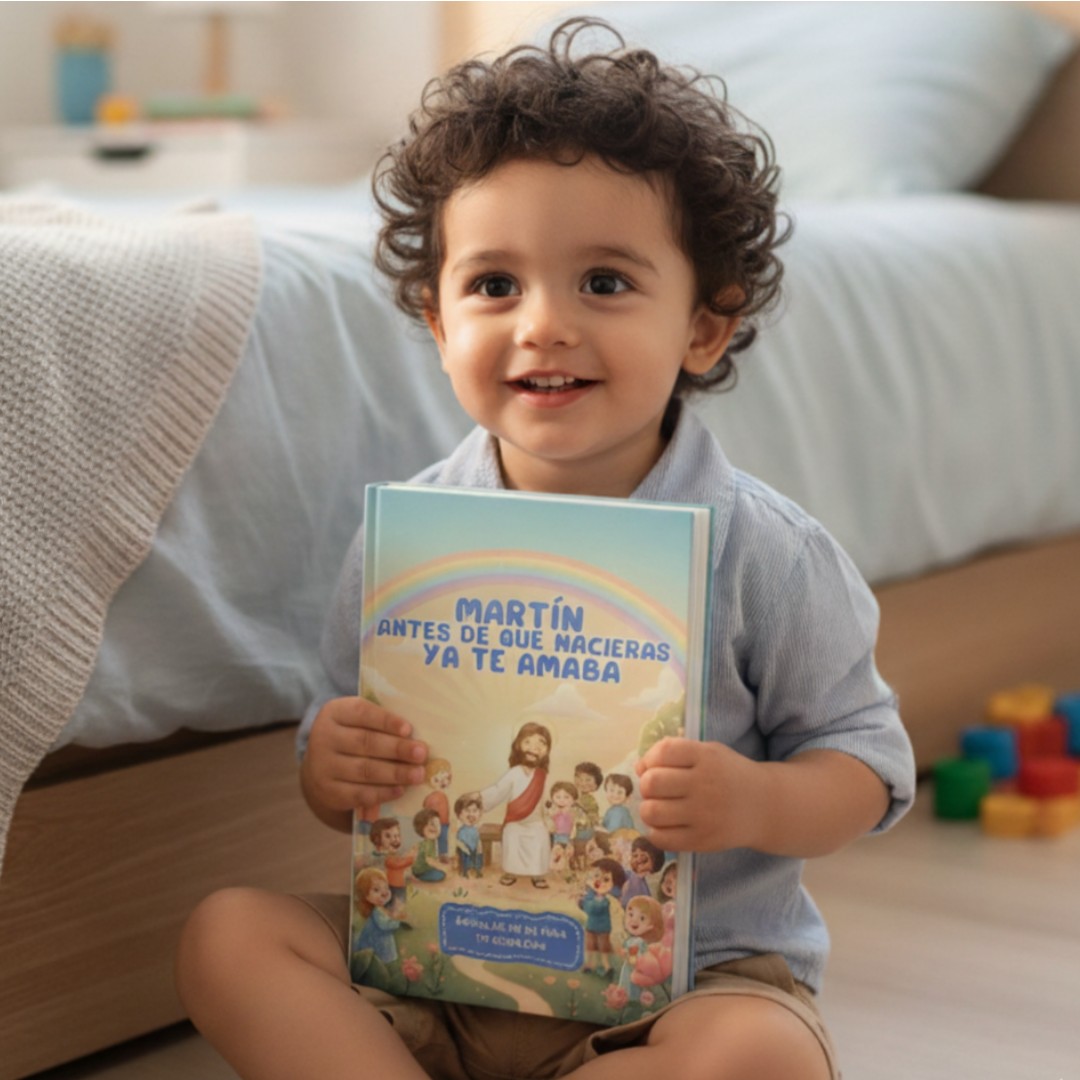 Niño sosteniendo su libro personalizado de Jesús